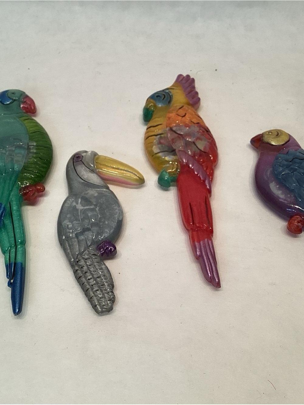4 Parrot Macaw Love Bird Magnets Vintage Plastic Colorful BIrd